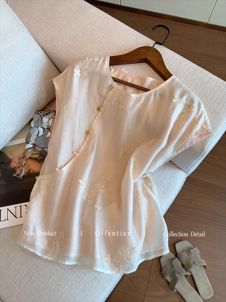 2025女夏季新款新中式刺绣斜襟盘扣无袖衬衫国风高级气质温柔背心