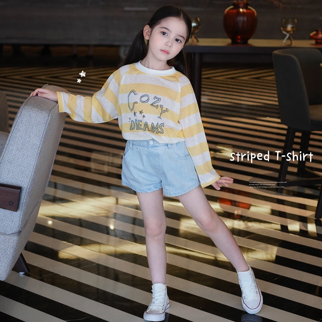 AnnieGirl韩系条纹薄款长袖T恤轻薄透气女童字母印花防晒上衣2026