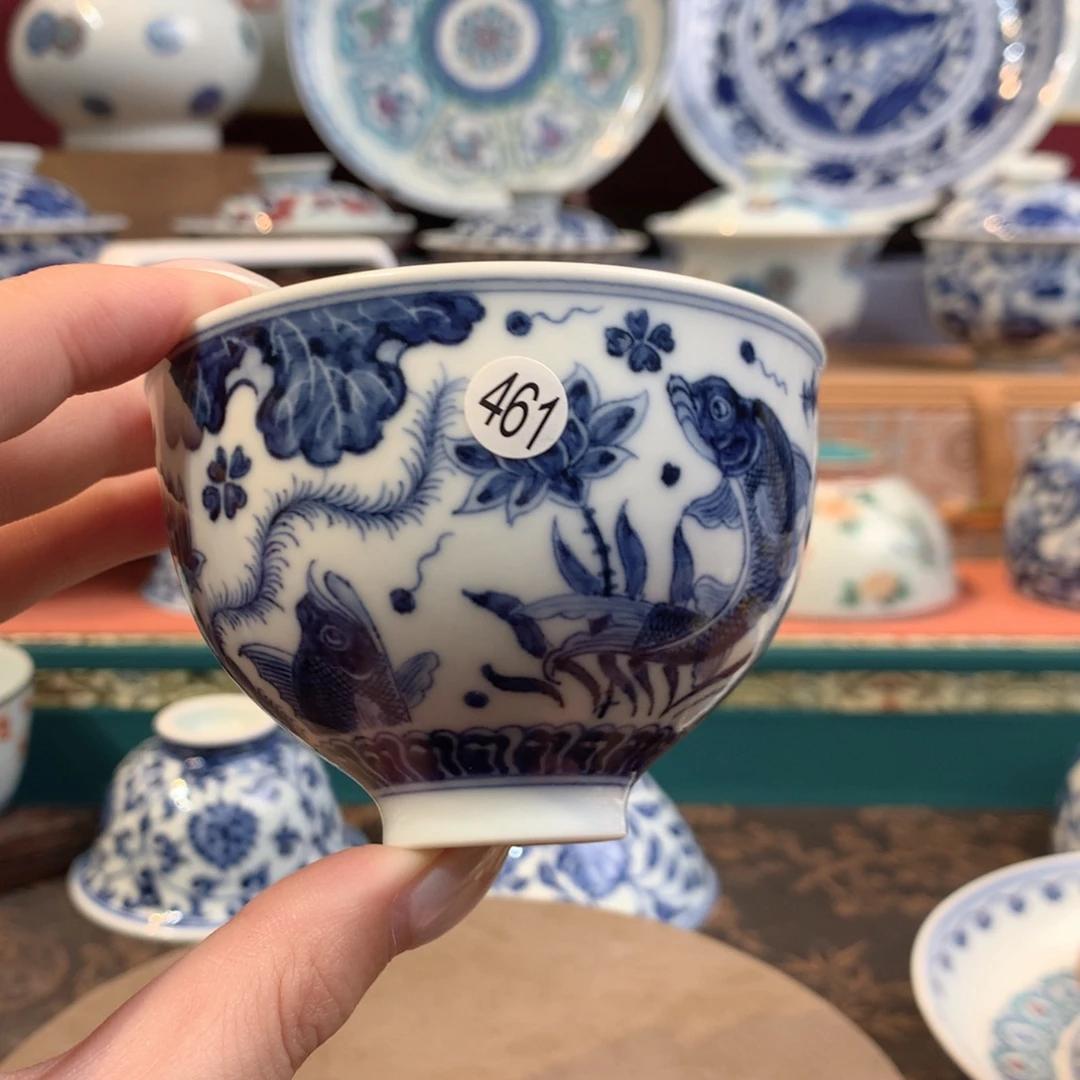 @***！461青花鱼藻鸡心杯xwy201