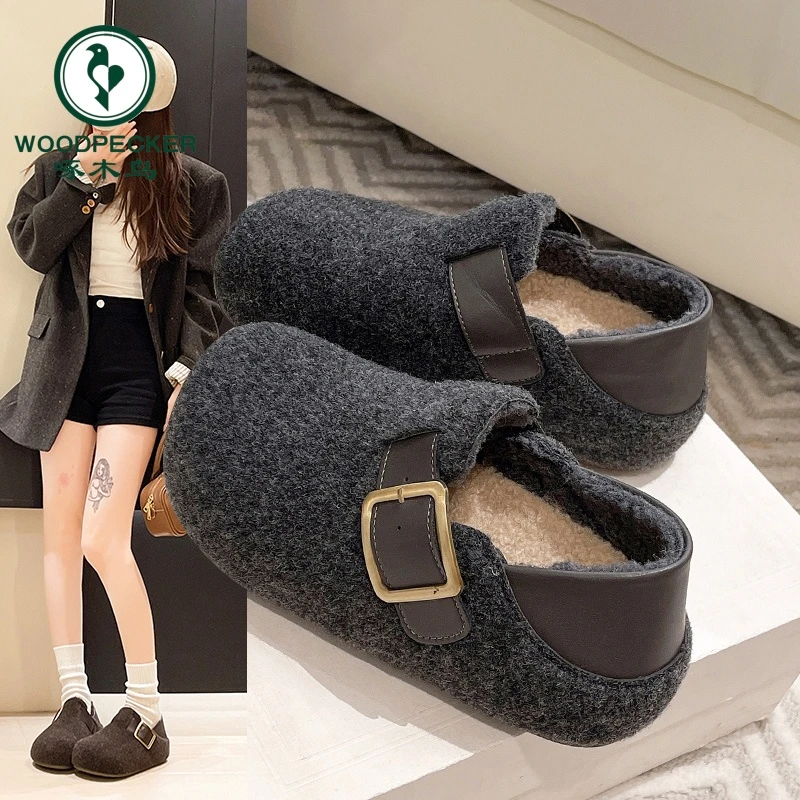 啄木鸟内增高毛呢加绒勃肯鞋女2025秋冬新款复古一脚蹬保暖豆豆鞋