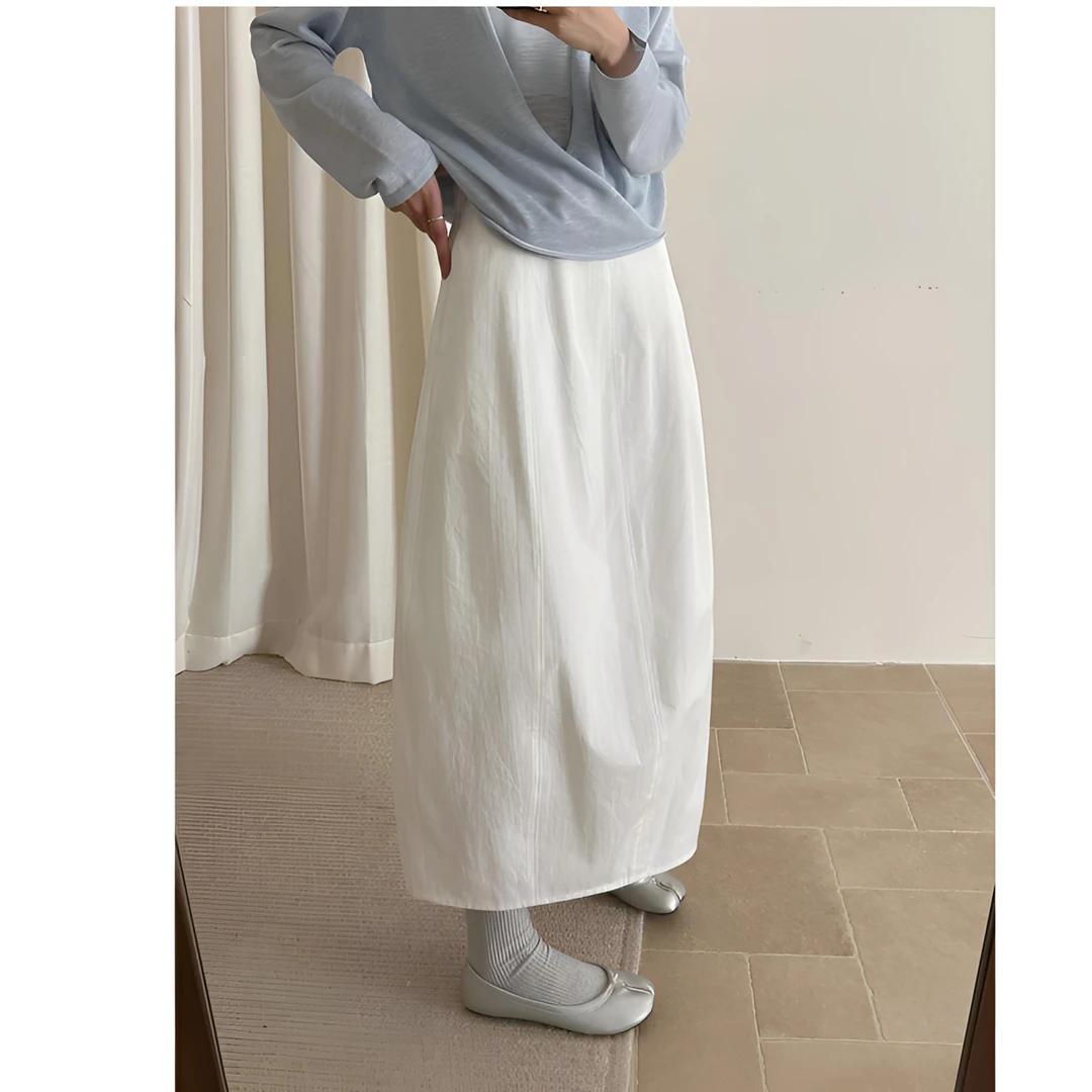 松紧带高腰女长裙半身裙春夏气质白色裙子显瘦长花苞纯色百搭
