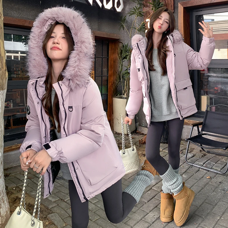 骆驼街冰晶紫色棉服2025女新款冬季加厚工装大毛领棉衣外套面包服