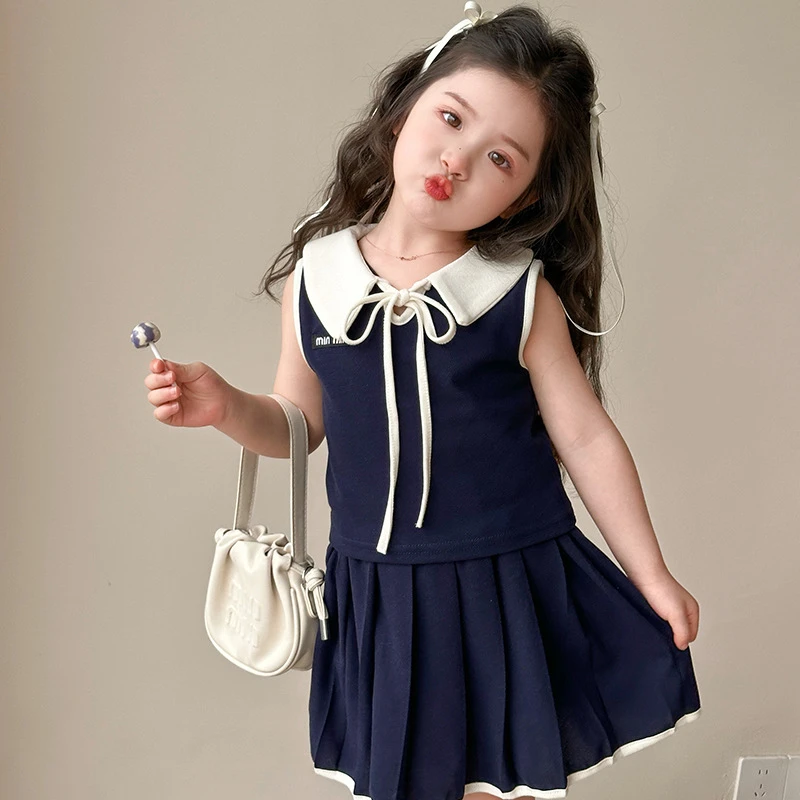 女童夏季套装2025新款学院风翻领无袖上衣女宝宝洋气百褶裙两件套