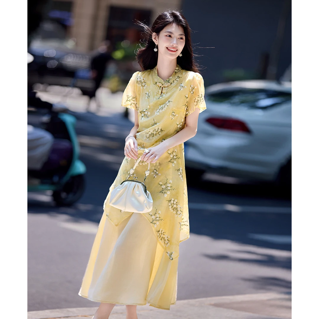 尚静莱赛尔新中式盘扣假两件连衣裙2025夏季新款高腰中长裙碎花裙