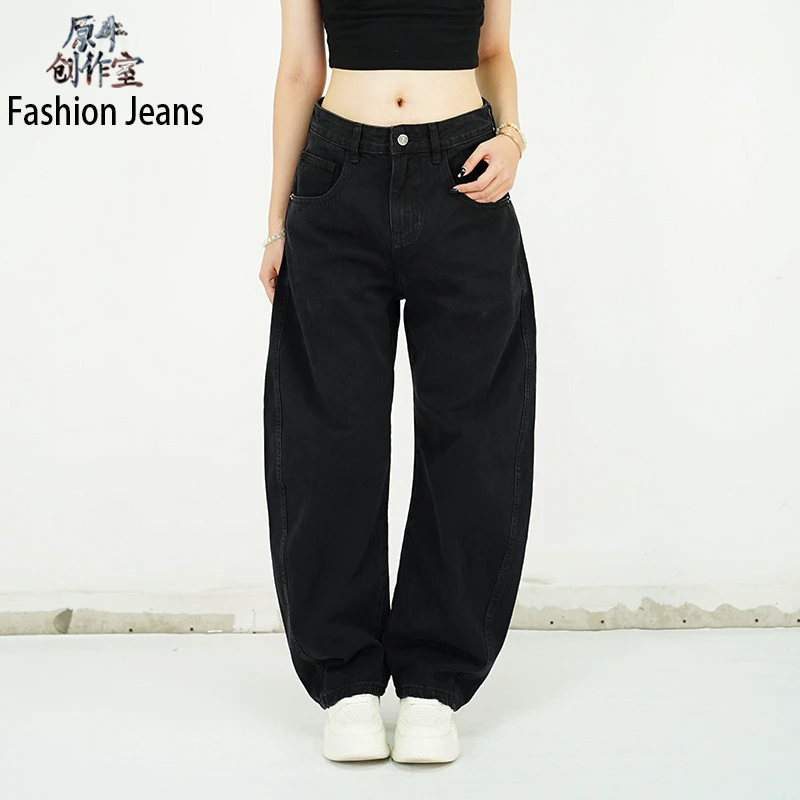 弯刀裤-新款黑色净版男牛仔裤美式潮牌复古牛仔裤男宽松直筒长裤