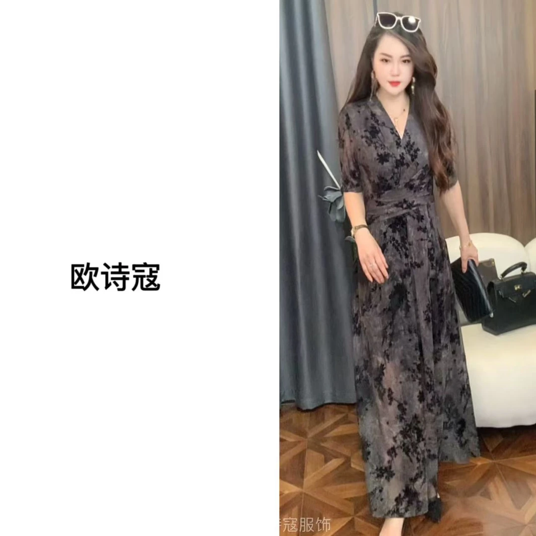 3398网纱植绒夏季新款短袖时尚百搭显瘦长款连衣裙