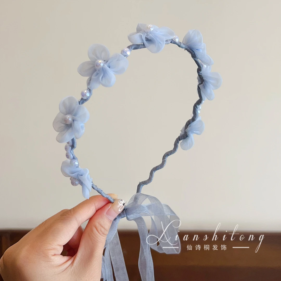 女童珍珠花朵网纱飘带发箍小女孩甜美花环编发头箍儿童编辫子头饰