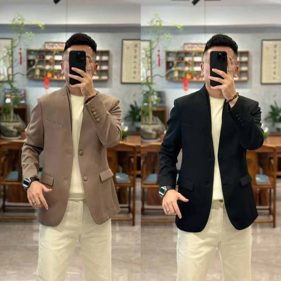 35967欧货秋季高品质绵羊毛混纺包扣围巾领可拆卸男士休闲西服