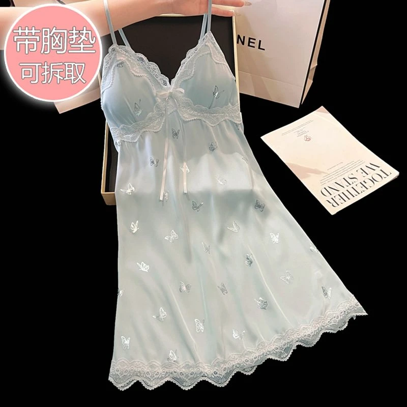 冰丝睡裙女夏季吊带甜美带胸垫睡衣宽松家居服