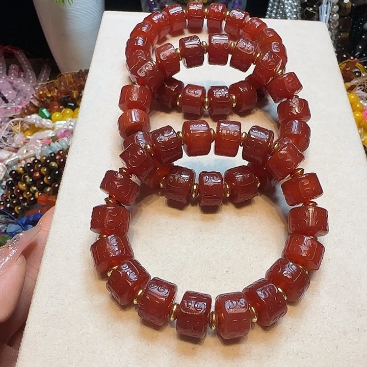 玛瑙/玉髓未镶嵌珠宝半成品老玛瑙雕刻祥云手串一条14mm