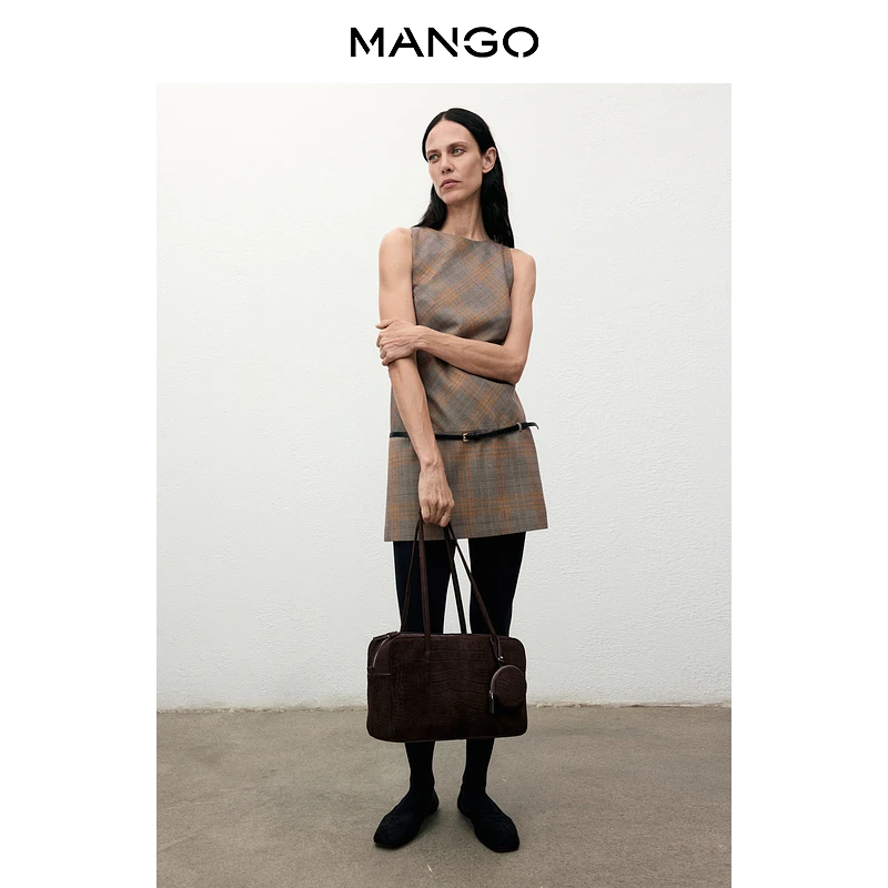 MANGO女装连衣裙2025冬装新款格纹圆领含腰带迷你短款直筒连衣裙