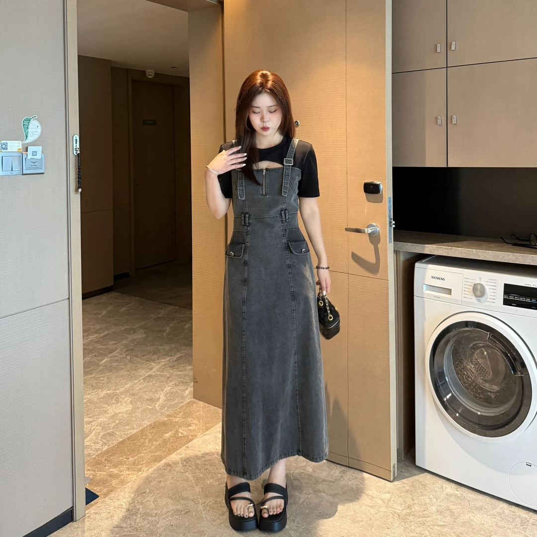 南岛风大码女装假两件牛仔拼接连衣裙胖mm夏季显瘦遮肉长裙ZZM35