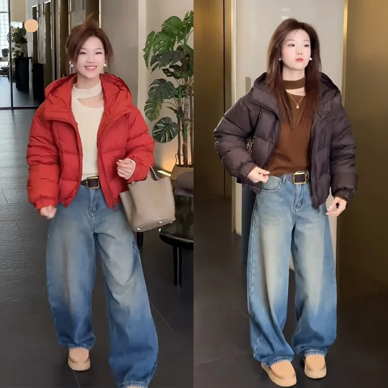 冬季穿搭一整套2025年新款百搭针织上衣连帽棉服外套牛仔裤三件套