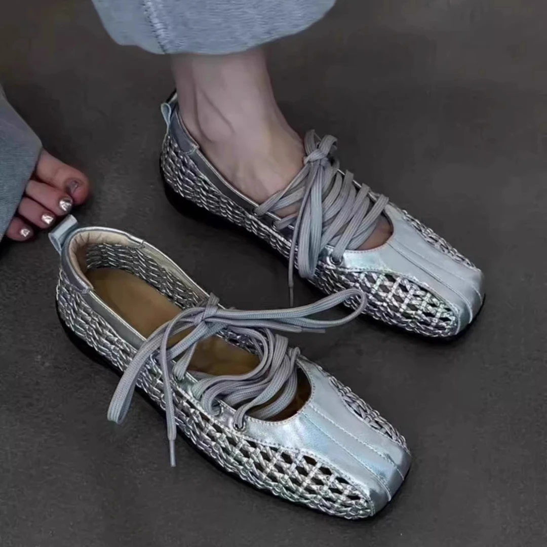 小众复古银色绑带芭蕾舞鞋女2025年新款气质浅口单鞋方头玛丽珍鞋