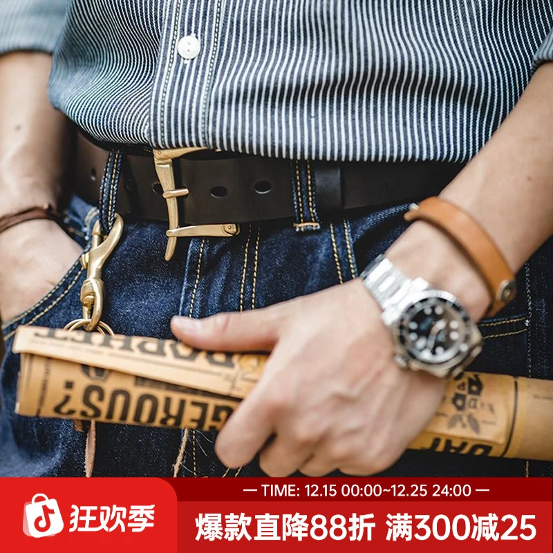 马登美式复古手工黄铜快脱扣自动皮带阿美咔叽消防员腰带男裤腰带