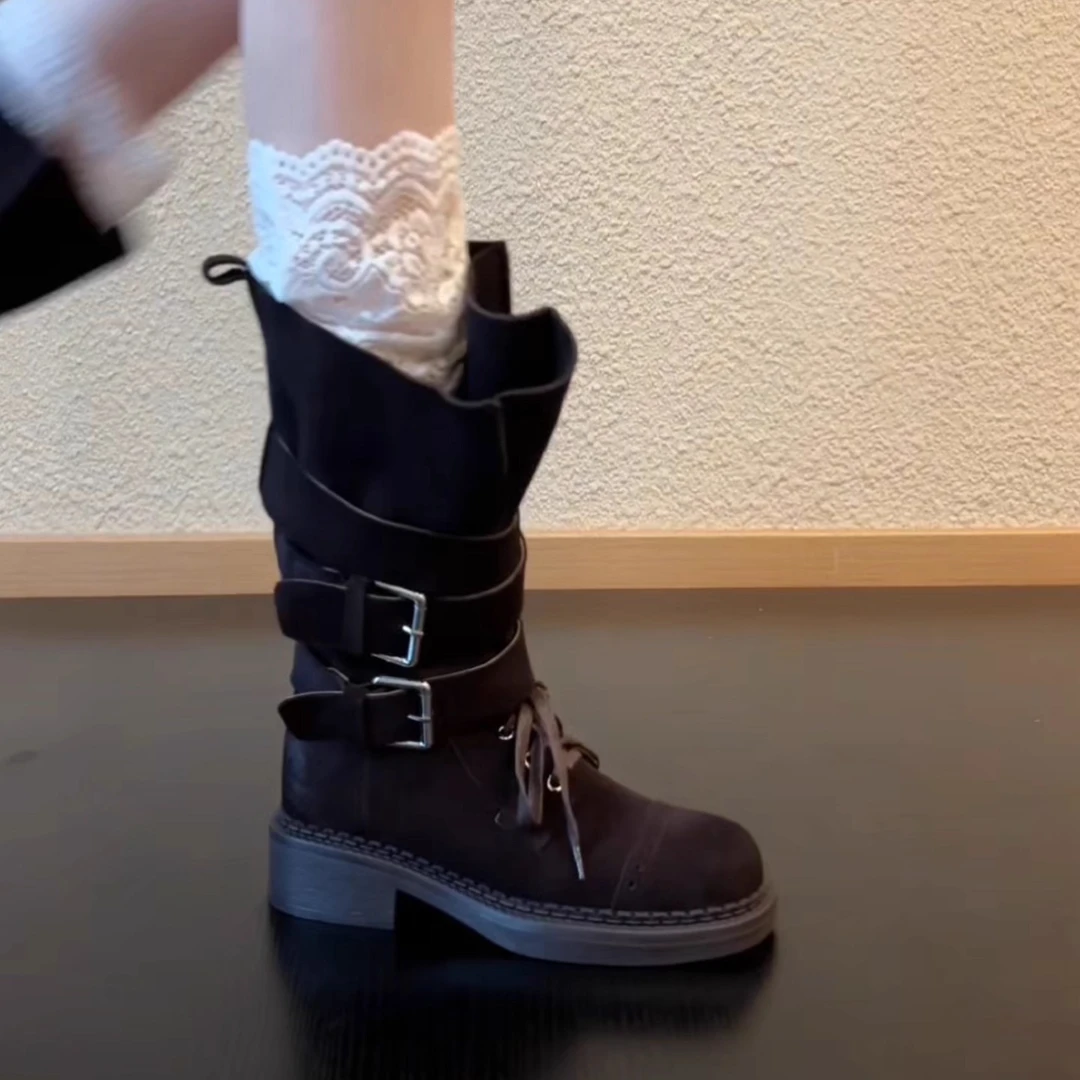 Pokoy-4.5cm厚底皮靴英伦风百搭时尚休闲皮带扣带女靴皮