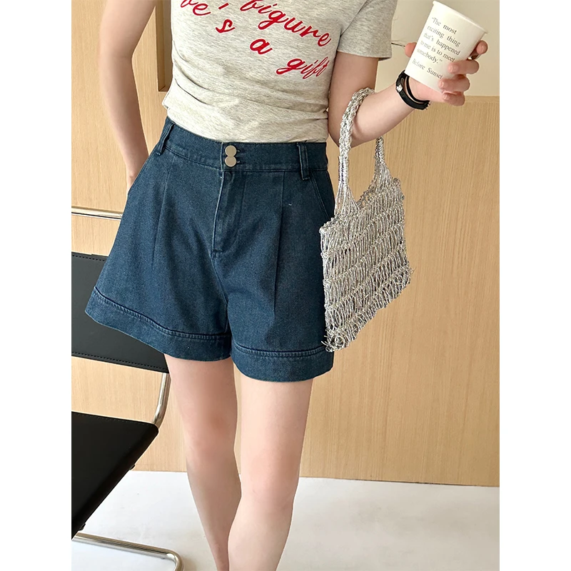 A Clip's/一个夹子 夏季松紧腰深蓝色高腰宽松牛仔短裤五分裤女