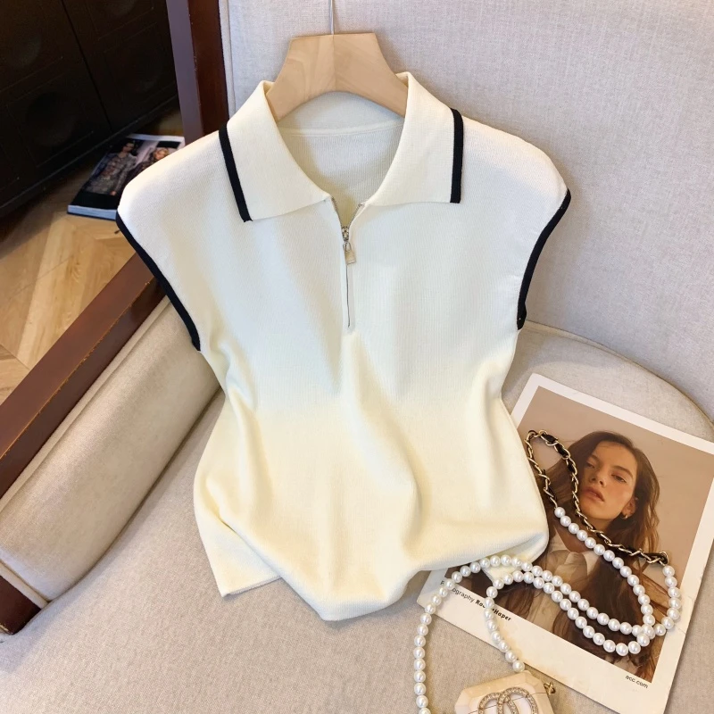 美爆了！韩系拼色翻领针织T恤女2025夏新款半拉链设计感冰丝背心新