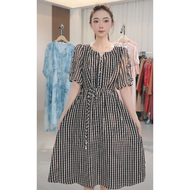 L533格子宽松修身连衣裙女2025春季新款高档减龄中长款裙