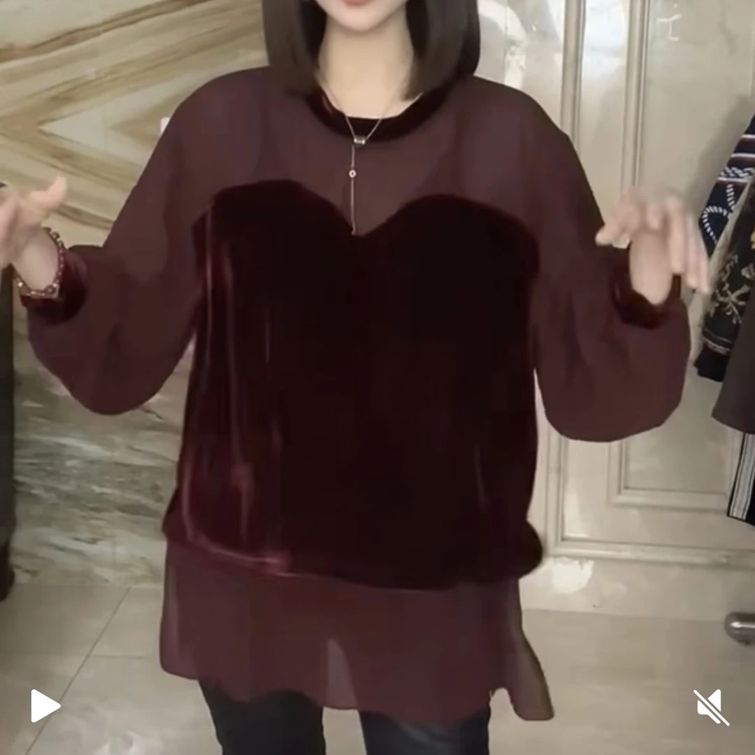 丝绒拼接长袖衬衫女百搭性感洋气秋装新款上衣