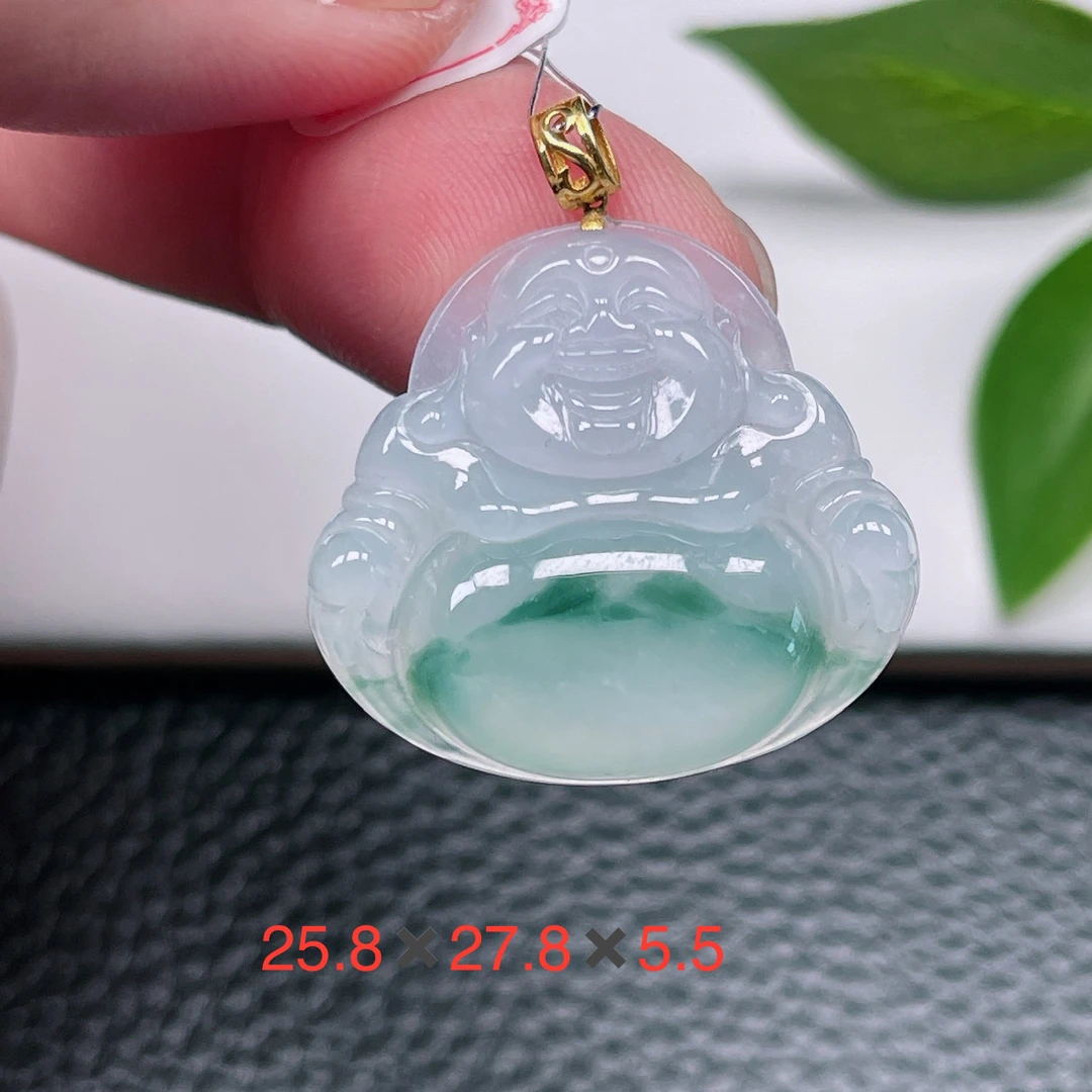 天然缅甸翡翠A货～冰种飘绿花大肚佛公吊坠18k冰润玉佛笑佛挂件06