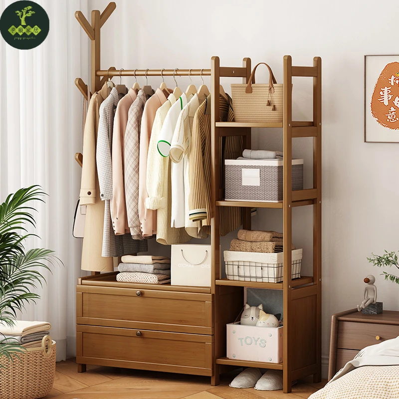 季痕实木加粗挂衣架室内落地衣架新中式衣帽架带置物架抽屉卧室收