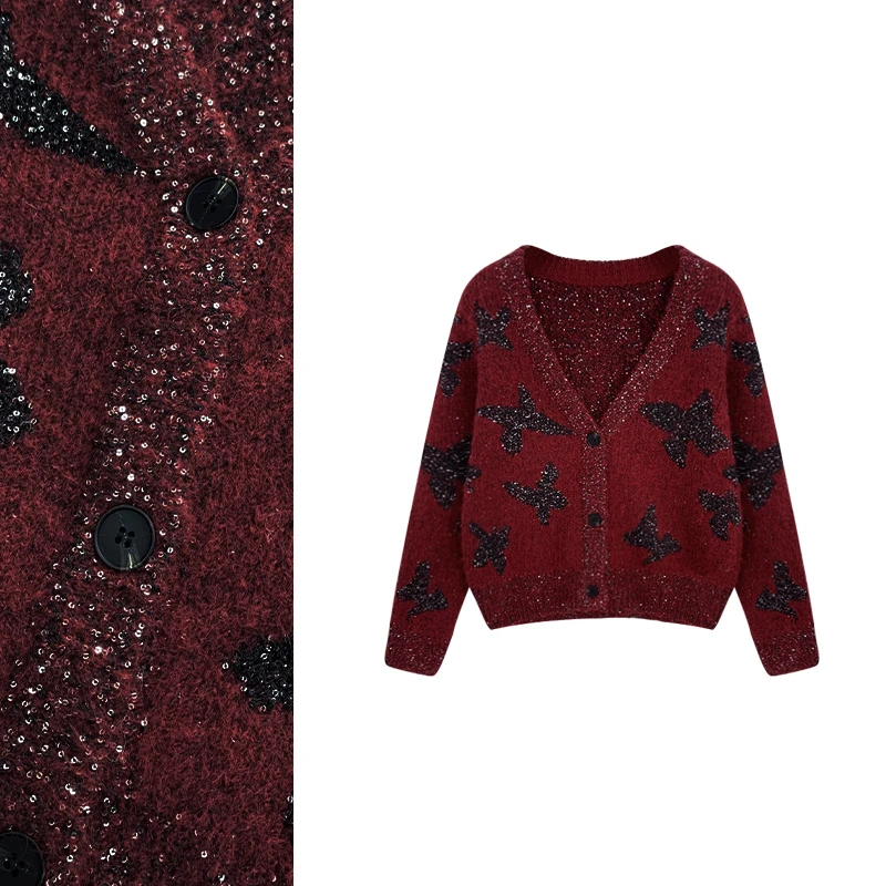 蝴蝶开衫亮片针织V领宽松百搭毛衣