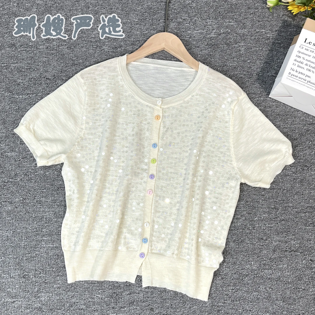 女韩版毛针织衫冰麻感宽松淑女风开衫短袖珠片夏款上衣