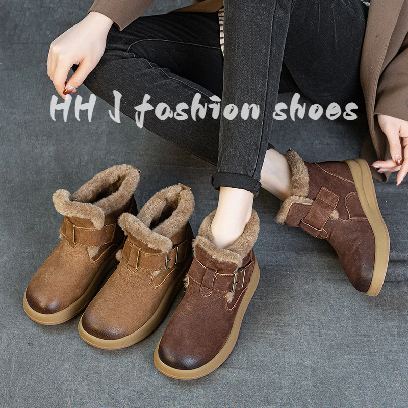 头层牛皮冬季新款厚底加绒保暖勃肯短筒靴复古舒适女棉靴雪地靴子
