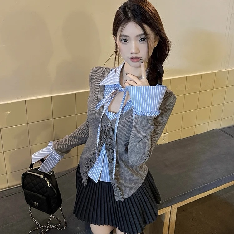 木耳边格子拼接系带长袖针织衫女2025秋季新款假两件纯欲显瘦开衫