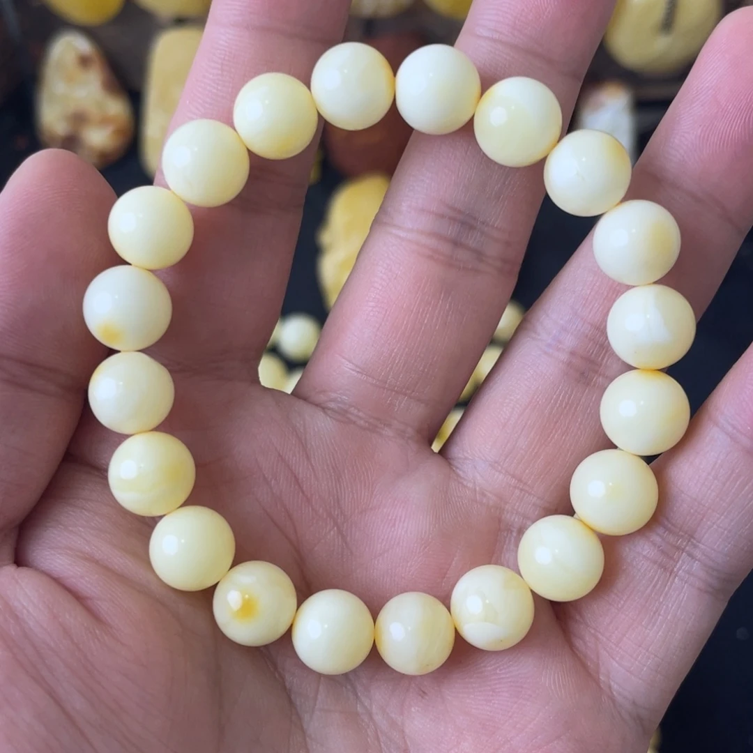 琥珀未镶嵌手串10+俄料浓蜡奶白圆珠手串
