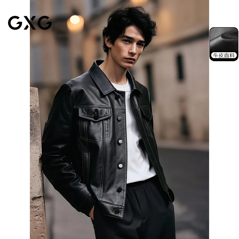GXG男装皮夹克男款真皮皮衣轻奢时尚高档春秋翻领外套#GE1121220B
