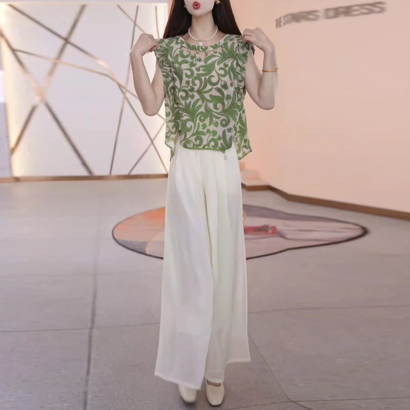 新中式国风套装女2026夏季新款镂空印花无袖上衣阔腿裙裤子两件套