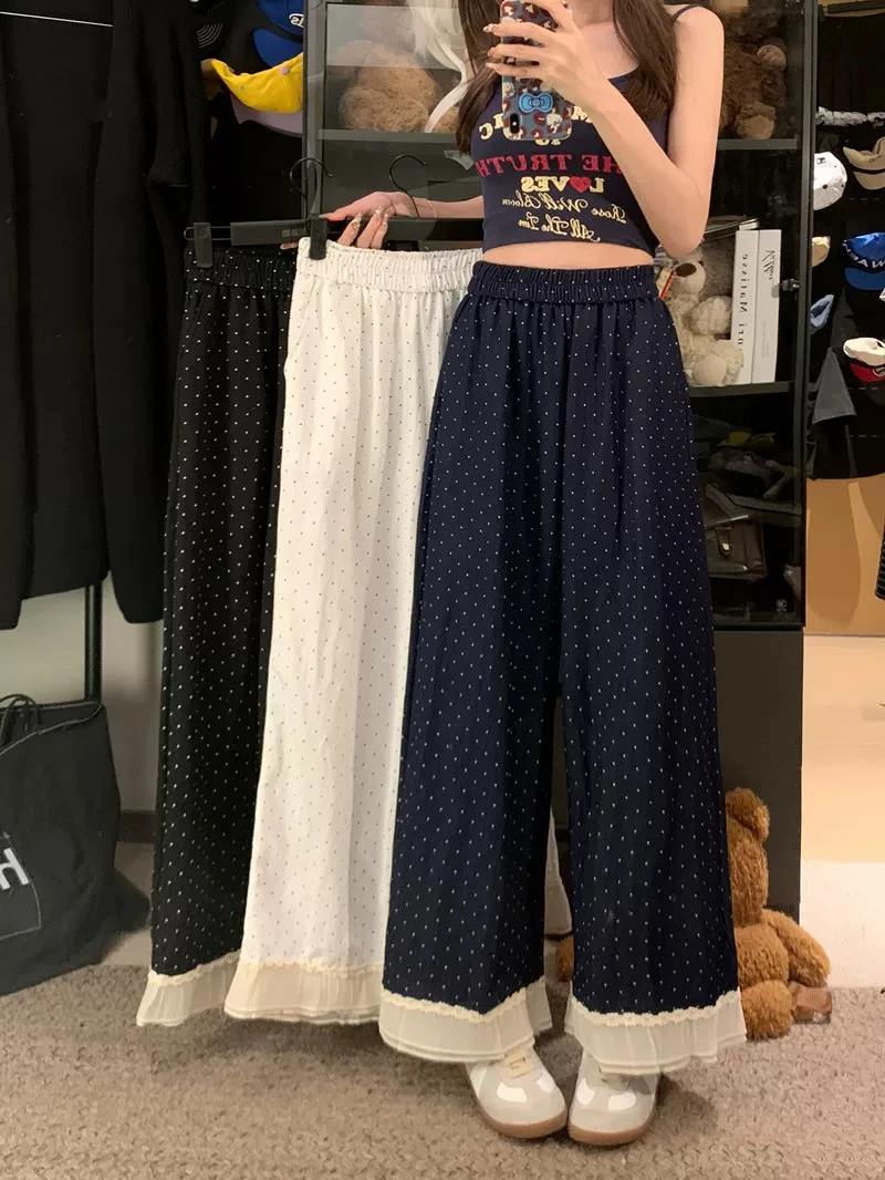 小红小绿大码波点阔腿裤松紧腰拼接花边长裤