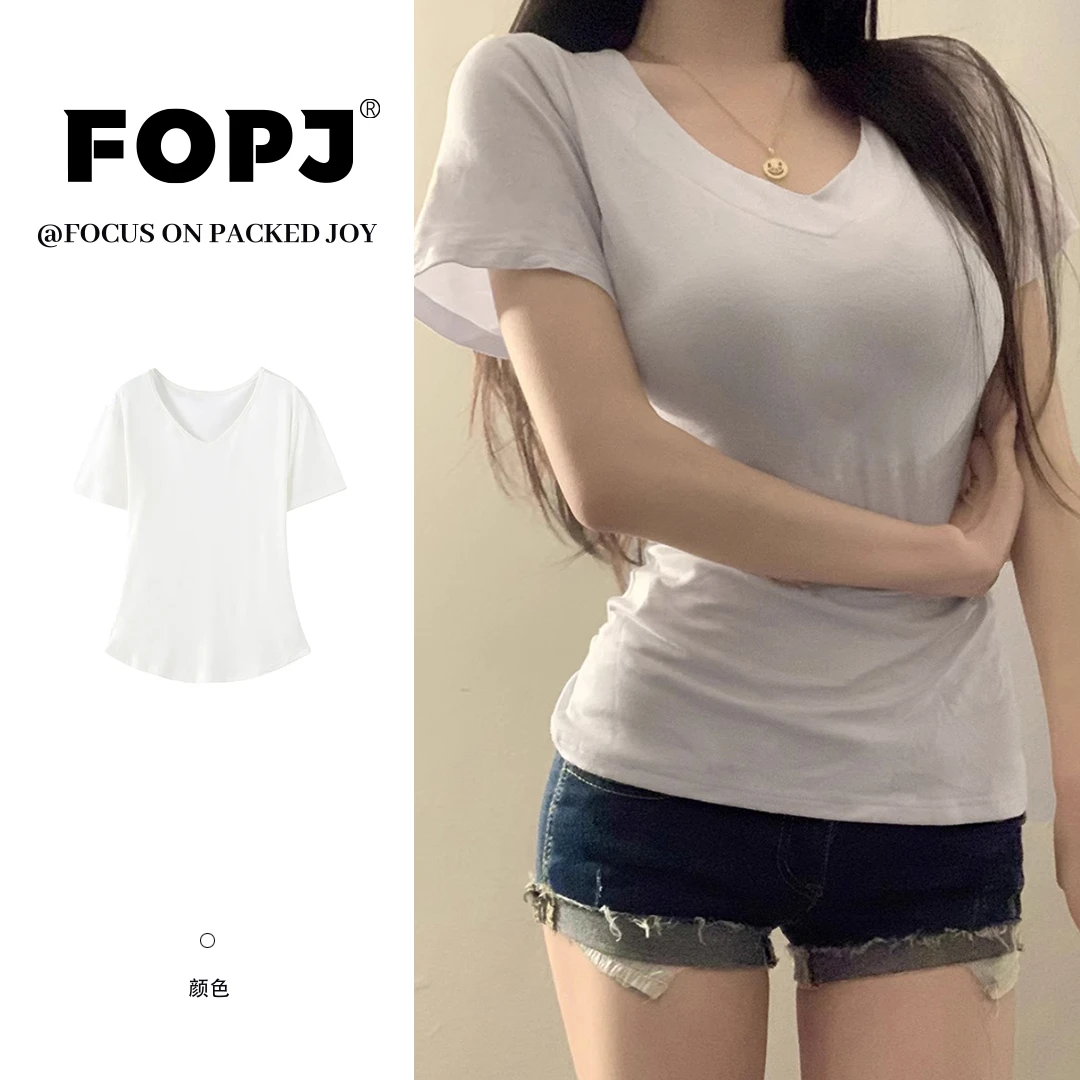 FOPJ时尚百搭夏季新款纯色V领短袖t恤女修身显瘦收腰辣妹短款上衣