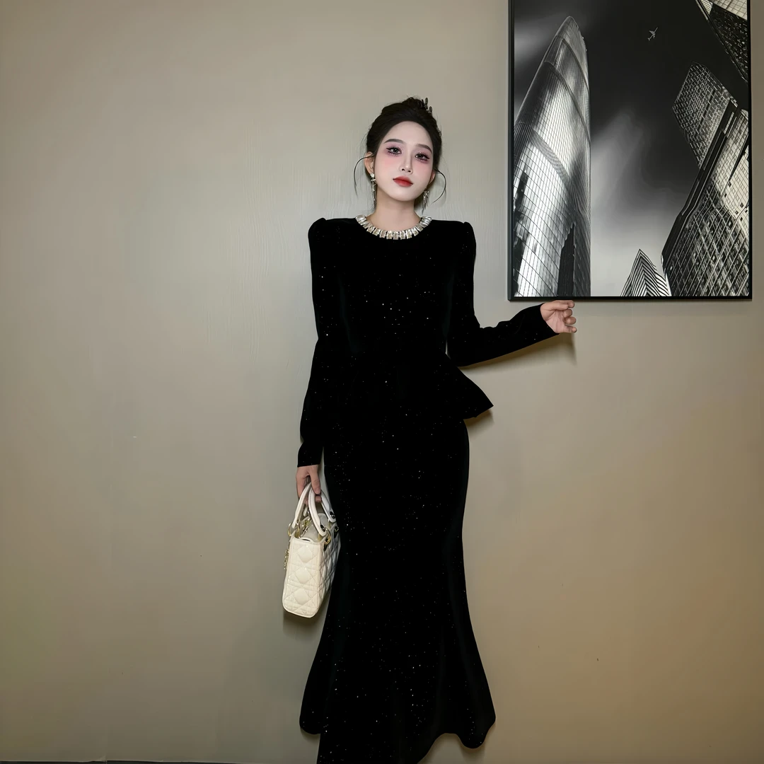 【时时原创】性感优雅轻奢假两件时尚法式包臀名媛宴会连衣裙21631