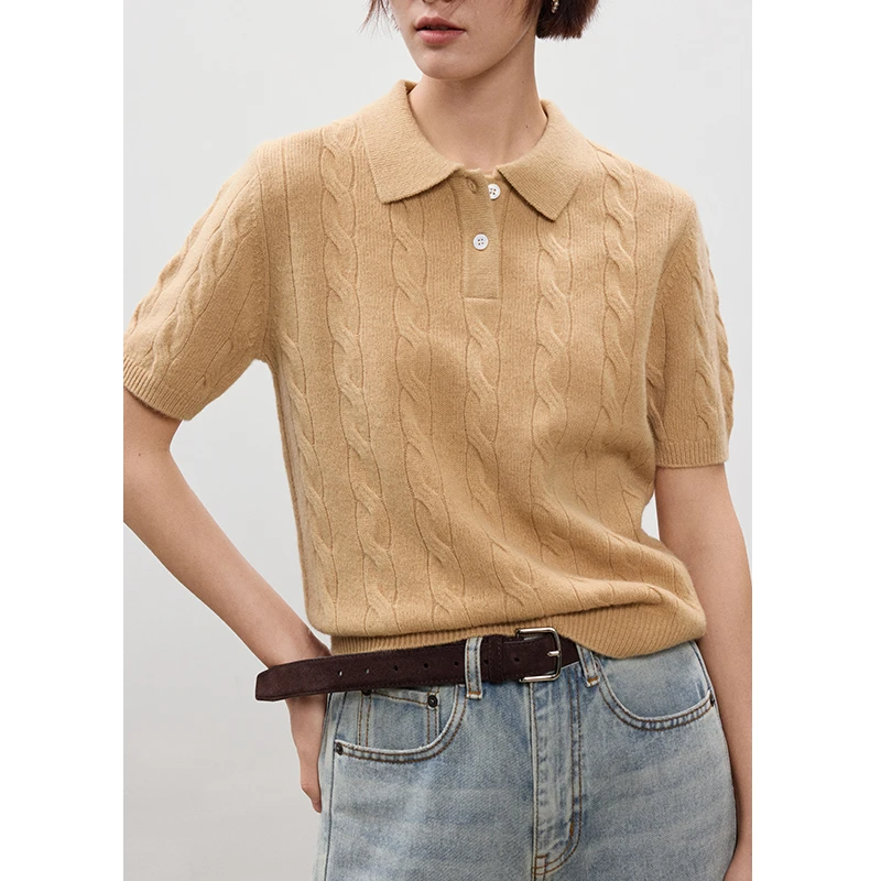 鲸乎羊毛Polo领短袖针织衫女2025春季新款法式翻领绞花套头上衣