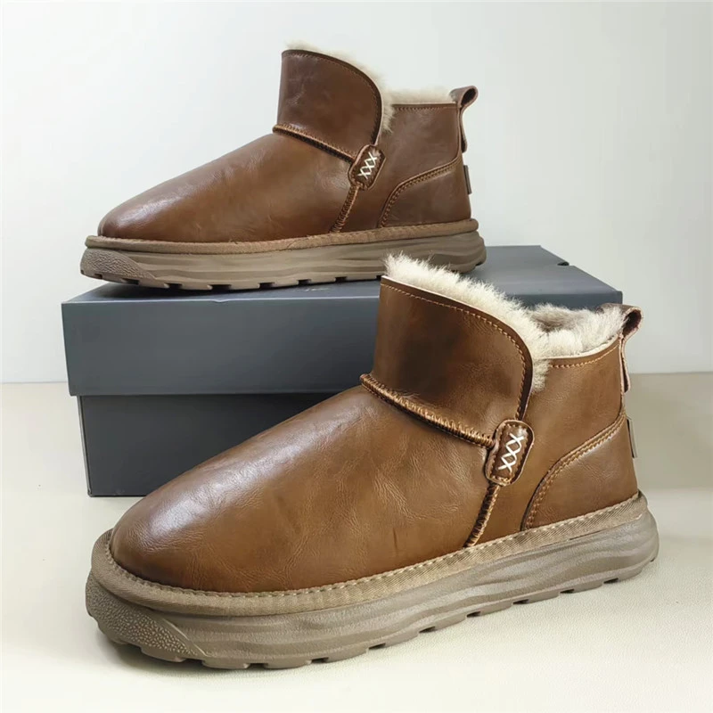 9719冬季新款防水防滑男士雪地靴一脚蹬牛皮羊毛东北雪地棉短靴子