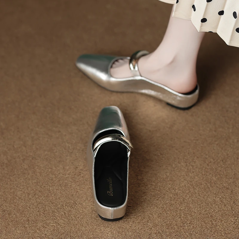 法式内增高浅口一脚蹬玛丽珍半拖鞋夏季外穿银色不累脚包头拖鞋女