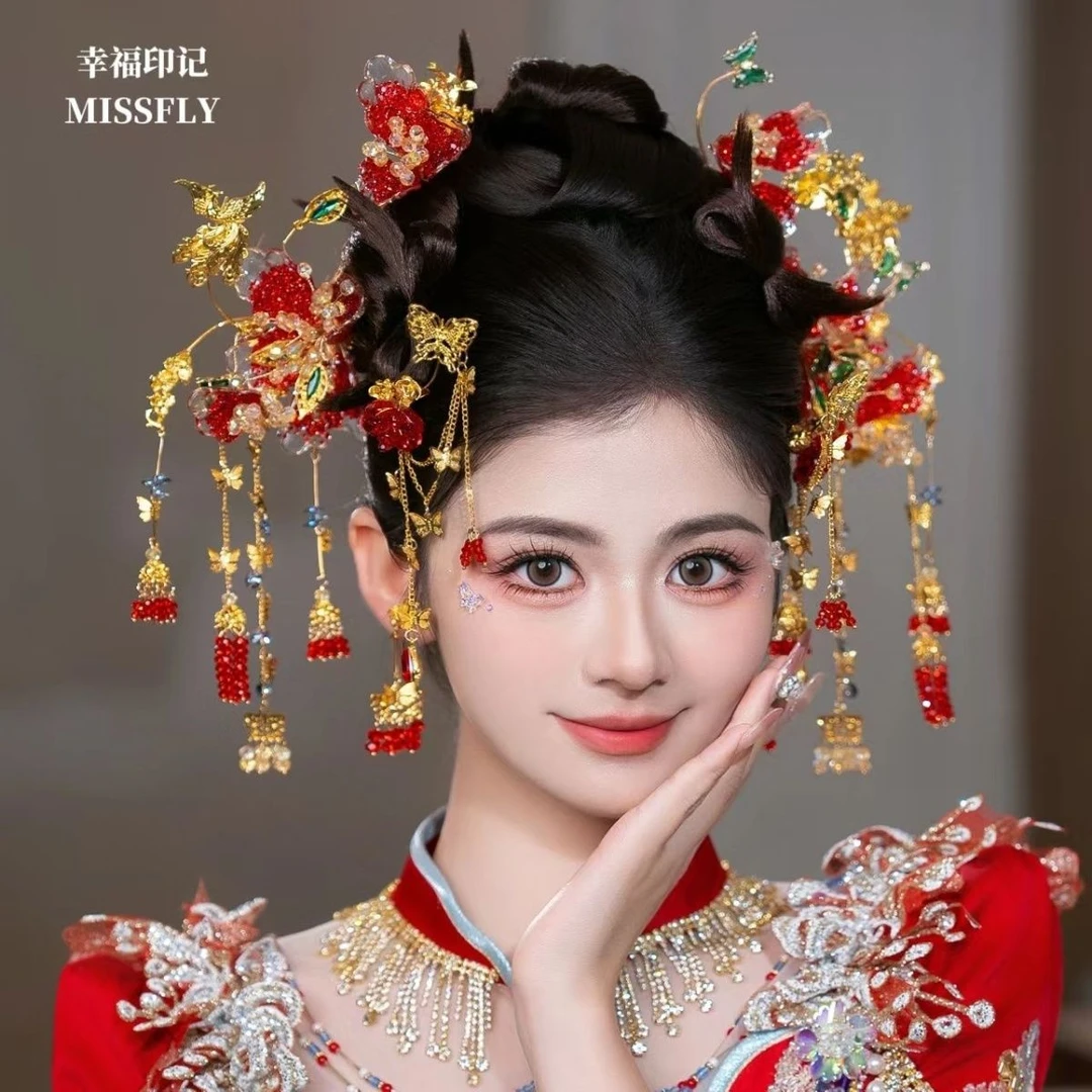 金红色秀禾头饰新娘新中式旗袍汉服马面裙发饰水晶珠风铃水凝胶花