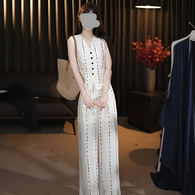韩系白色条纹无袖马甲套装女2025新款薄款防晒松弛感阔腿裤两件套