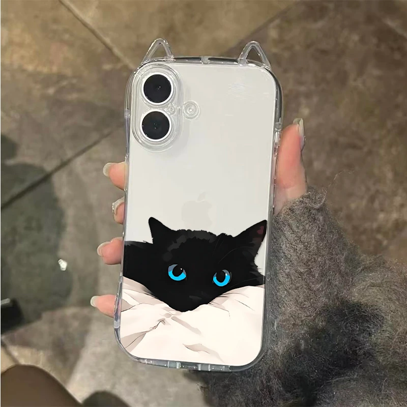 奥菲顿卡通趴睡黑猫适用iPhone16/15pro苹果1412猫耳朵手机壳13套