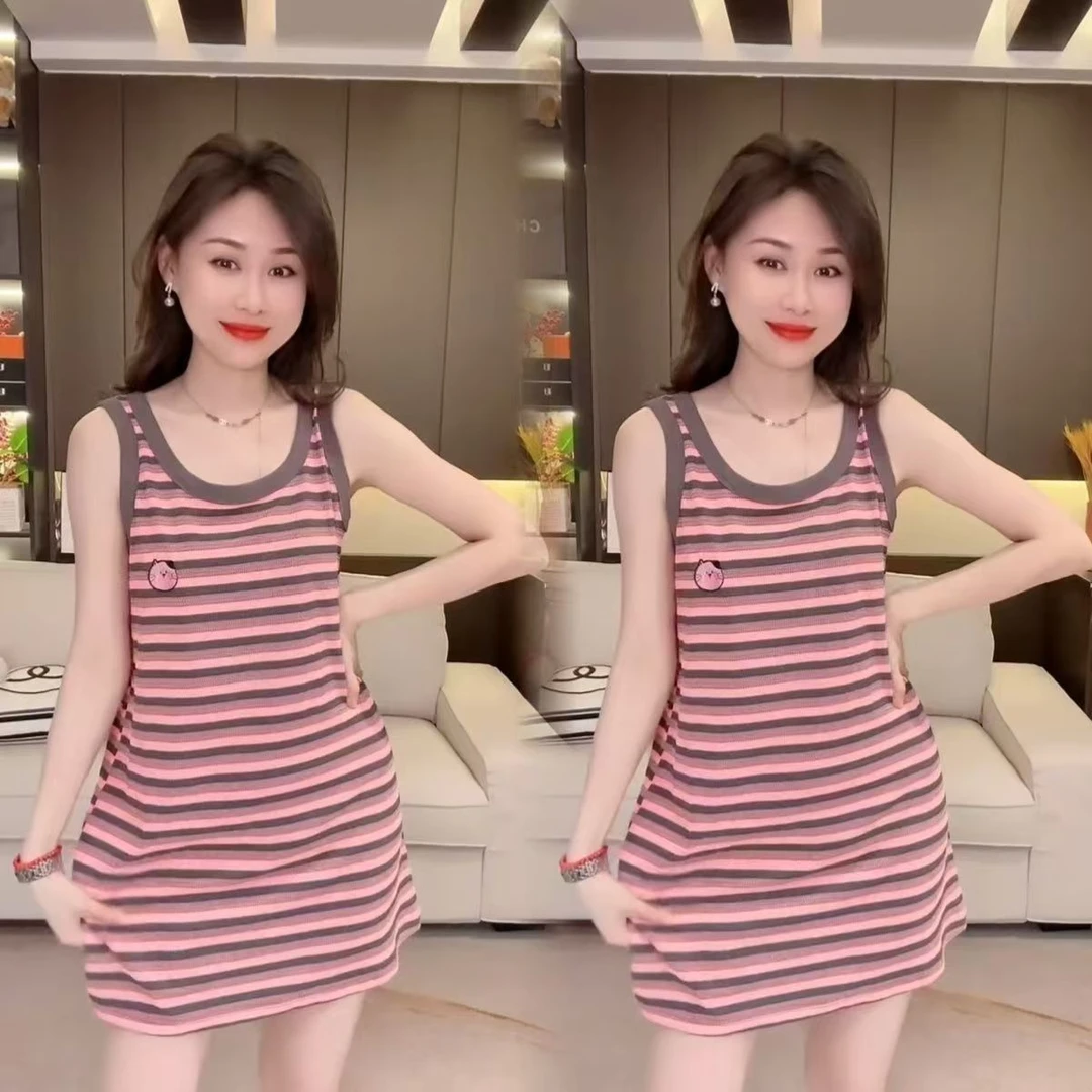夏季条纹吊带睡裙女宽松舒适透气家居服可外穿连衣裙