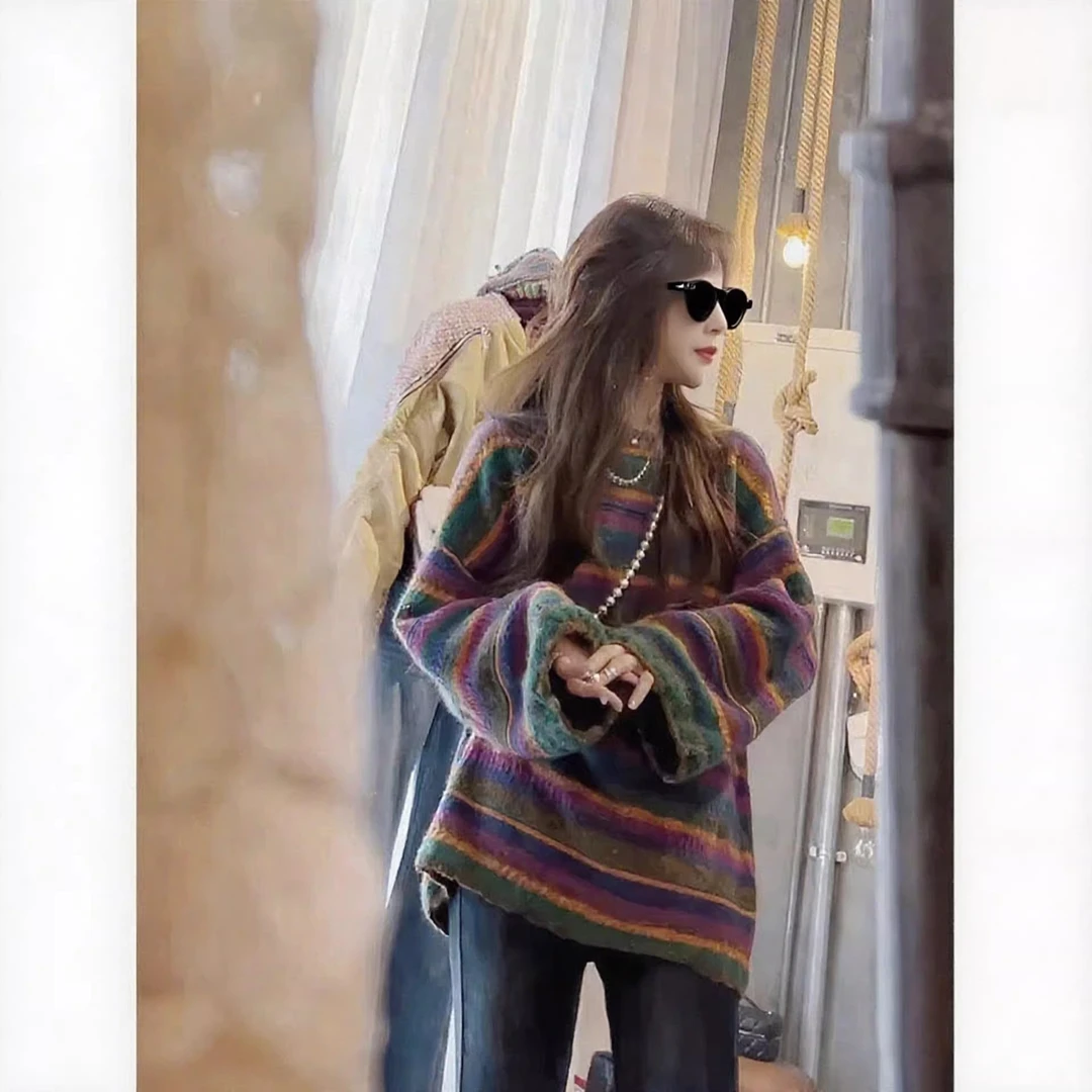 条纹套头毛衣女宽松外穿2025新款韩系慵懒风软糯宽松显瘦彩虹上衣