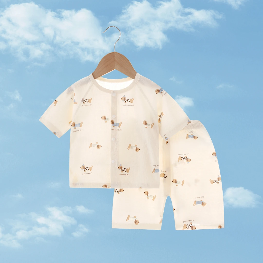 婴幼儿薄款皱皱棉套装卡通可爱家居服夏季空调服-1363