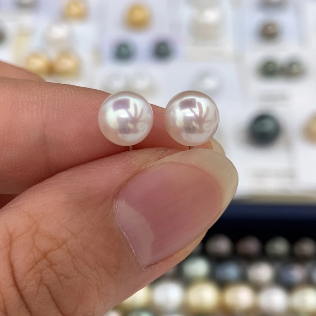 银S925镶嵌海水珍珠耳钉6.7-6.8mm海水akoya