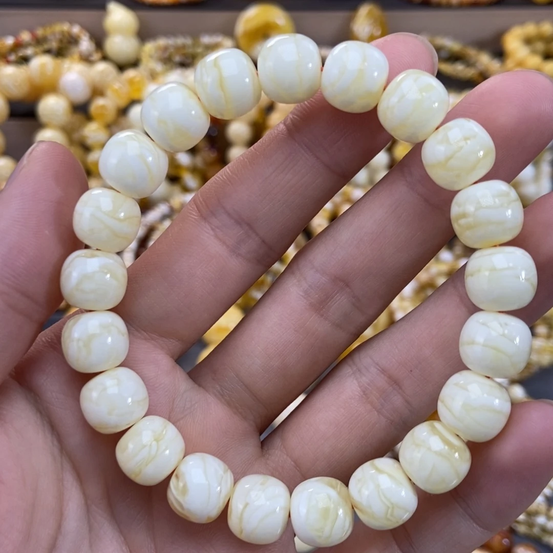 琥珀未镶嵌手链11mm同料瓷白虎皮纹