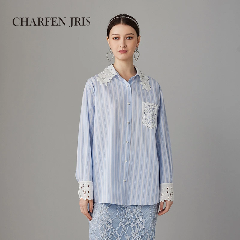 【达人】CHARFEN朝峰时尚休闲蓝白条纹刺绣绣花衬衫FJF1B602-6121T
