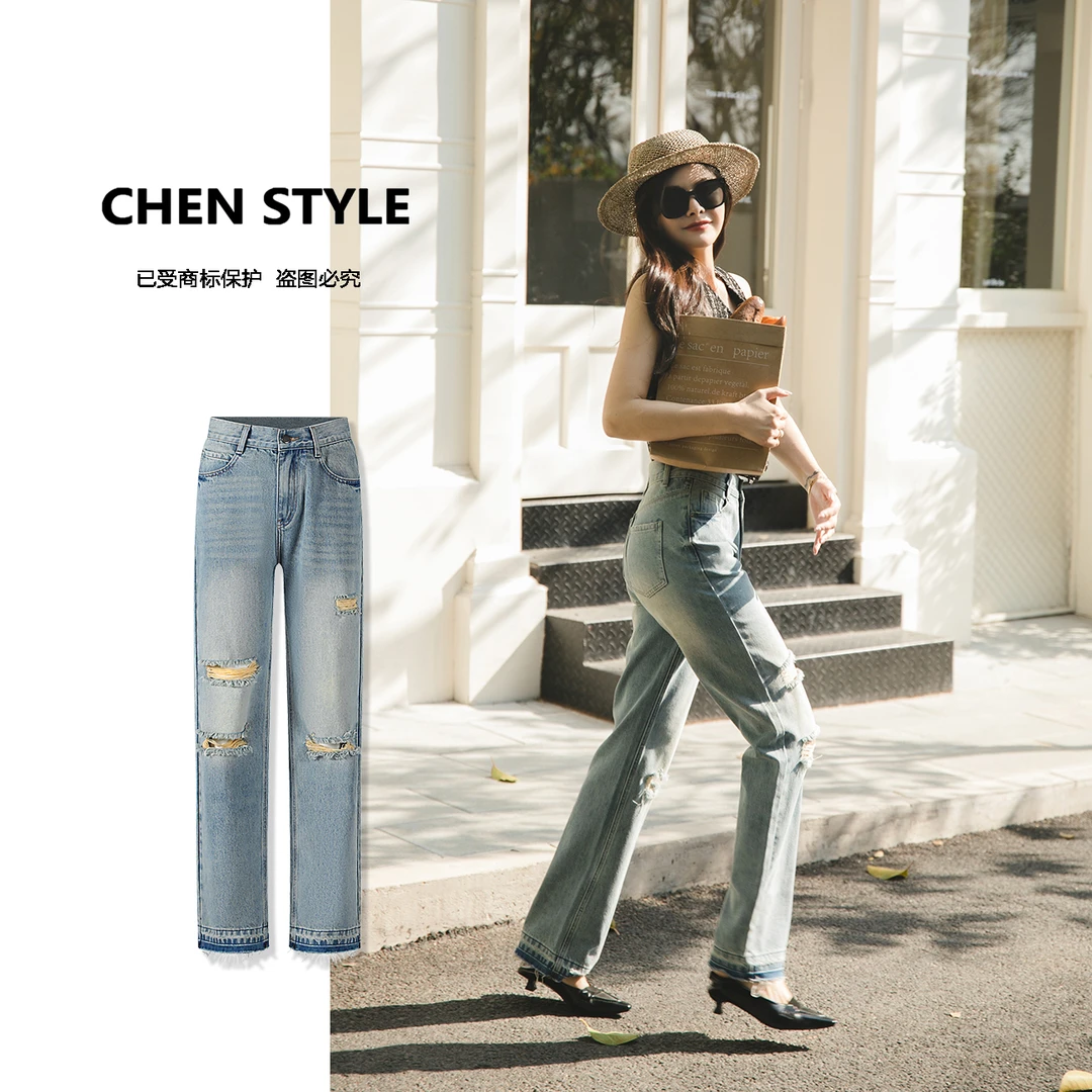 楚楚君~【痞帅牛仔】K20519春款痞帅水洗破洞渐变牛仔裤