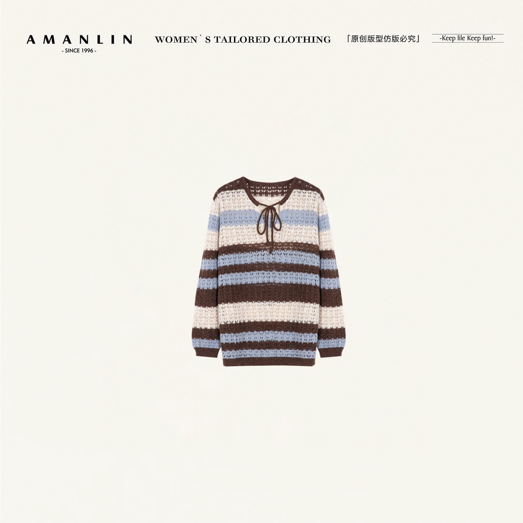 AMANLIN/阿谩琳琥珀流光慵懒风撞色镂空长袖修身显瘦毛衣Y601379